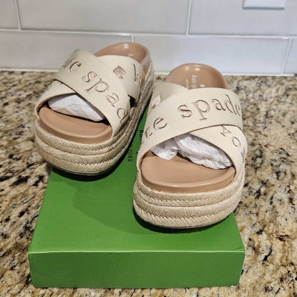 kate spade Beige Cross-Band Platform Espadrille Slides - Picture 5 of 10